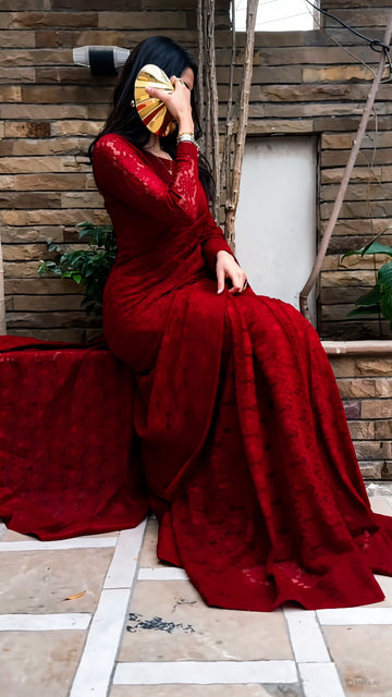 Red Net Saree | Pakistani Designer Red Saree Online