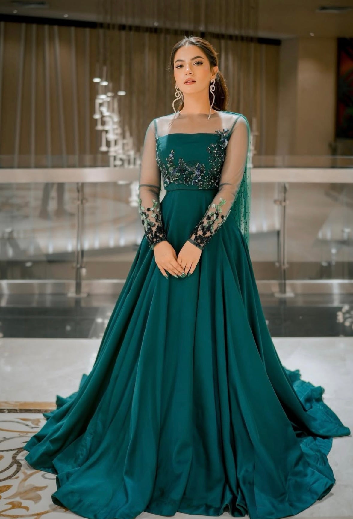 Sea-green maxi Long frock gown design for girls