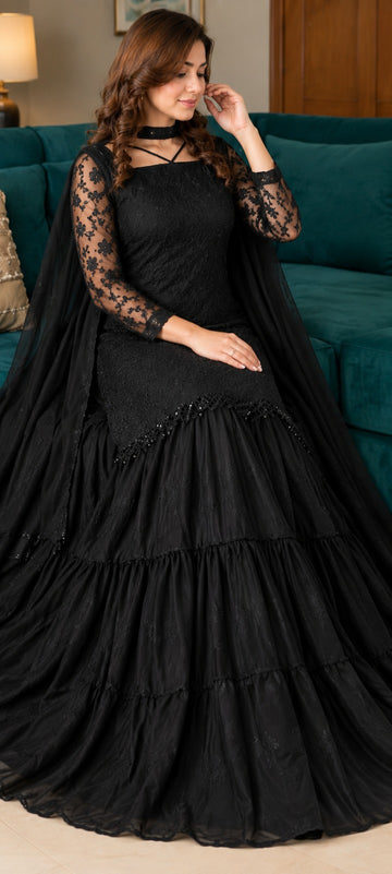 Chiffon Sharara Suit for Women – Black, Blue & Maroon