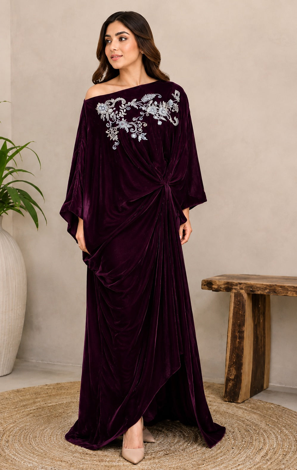 Embroidered Velvet Draped Gown