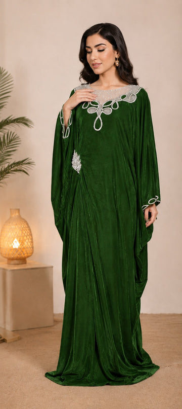 Emerald Green Velvet Embroidered Maxi Dress