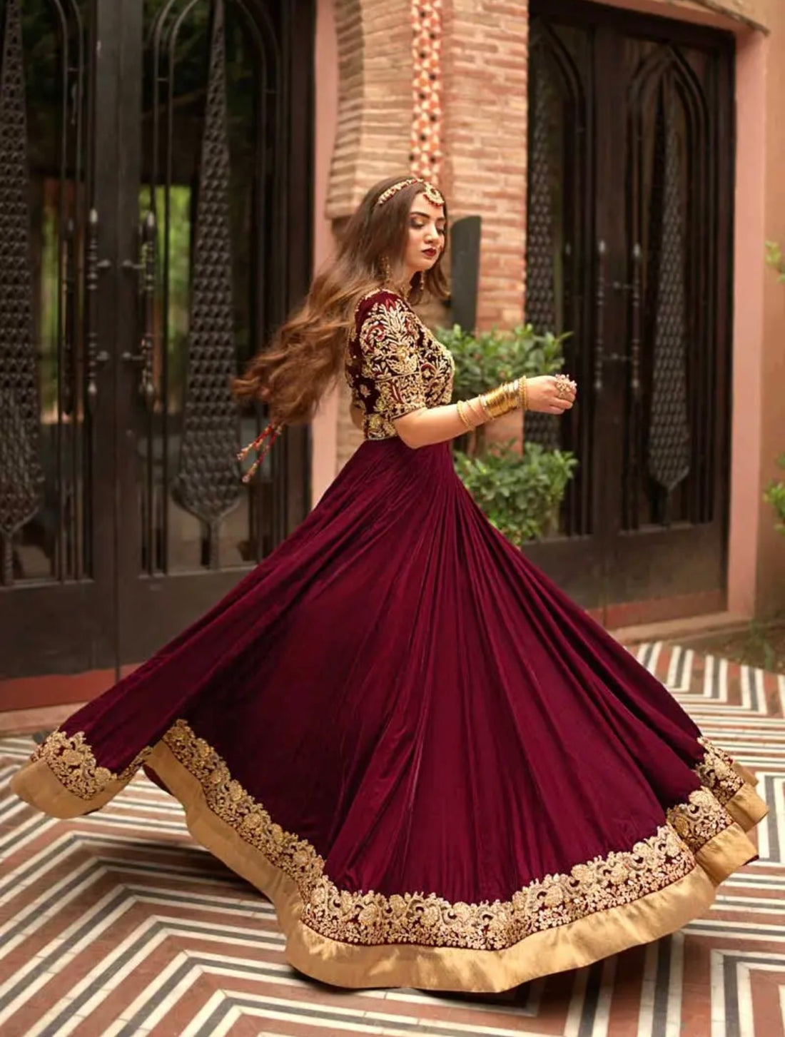 Elegant red velvet long frock dress, perfect for walima, wedding & mehndi. Stylish design with premium fabric for a graceful look.