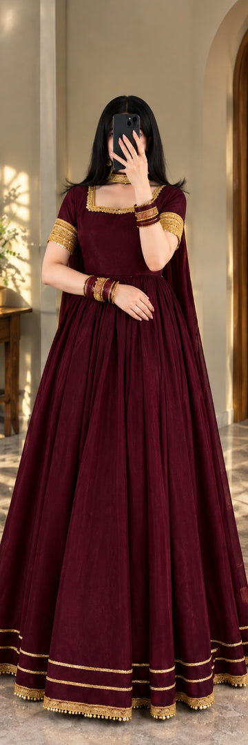 Raw Silk Anarkali Frock with Golden Work – Maroon, Black & Blue