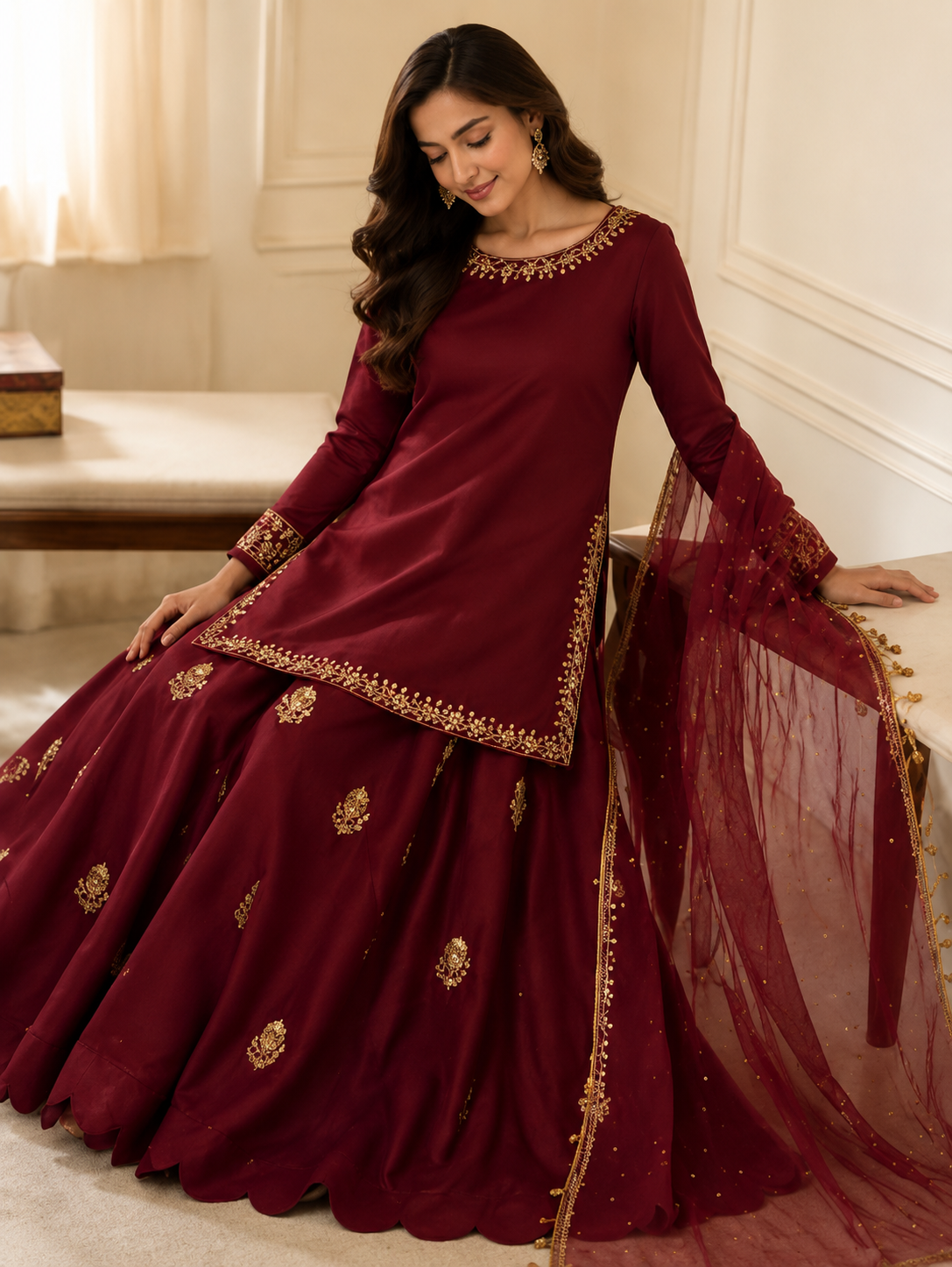 Maroon Anarkali Sharara set