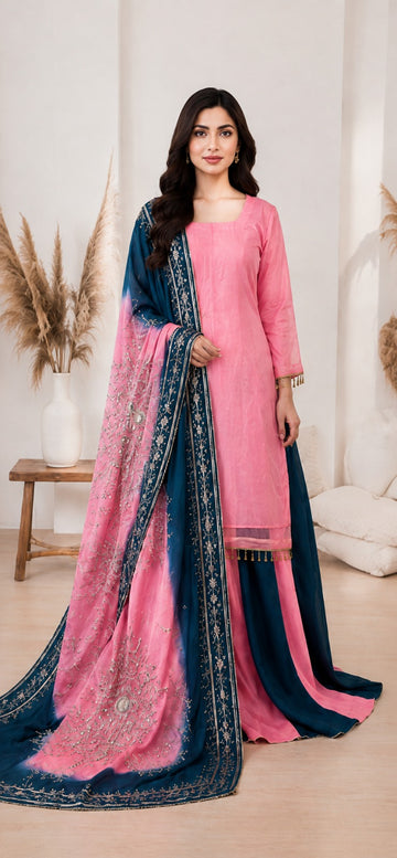 Pink & Navy Blue Embroidered 3 Piece Suit
