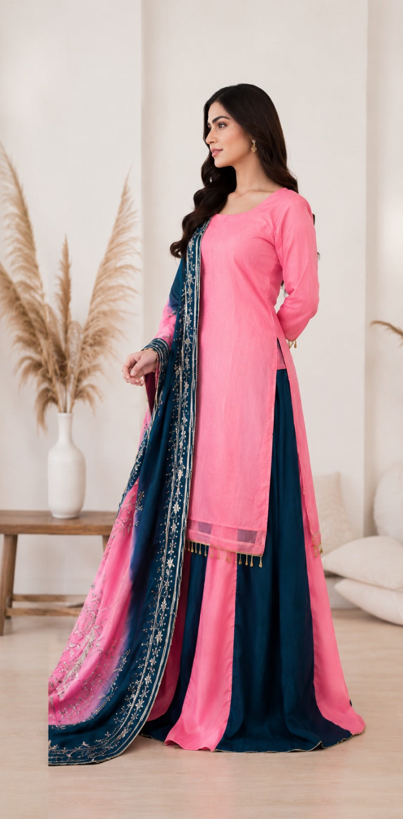 Pink & Navy Blue Embroidered 3 Piece Suit
