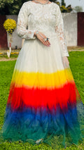 Beautiful rainbow long frock dress for girls with embroidered top and colorful flare. Perfect for parties, birthdays, weddings & special occasions.