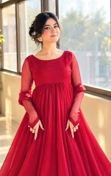 Noore-Nazar Red Chiffon Dress with Velvet Border & Gotta Detailing