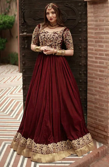Elegant red velvet long frock dress, perfect for walima, wedding & mehndi. Stylish design with premium fabric for a graceful look.