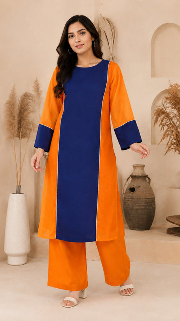 Stylish Orange and Blue Combination Dress for Women
