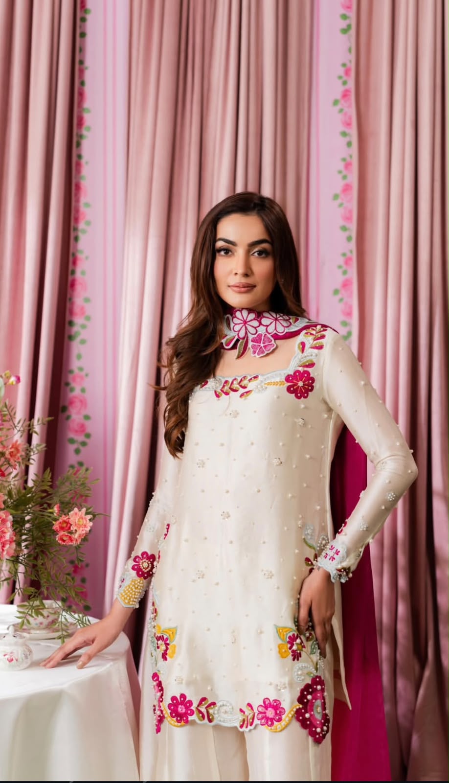 White Embroidered Sharara Suit with Pink Dupatta