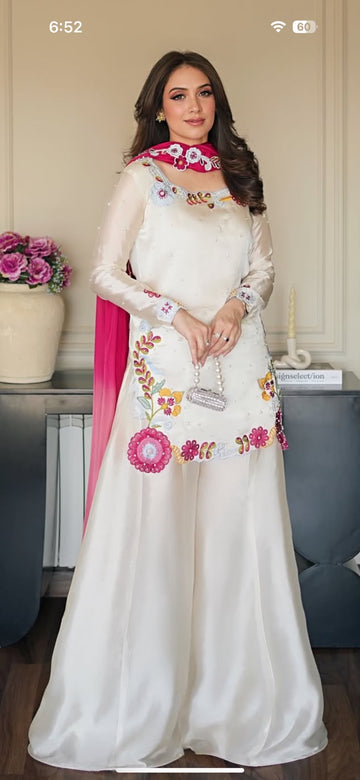 White Embroidered Sharara Suit with Pink Dupatta